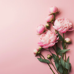 Obraz na płótnie Canvas Women's Day concept. Top view photo of pink peony rose buds and sprinkles on isolated pastel pink background with copyspace, ai technology