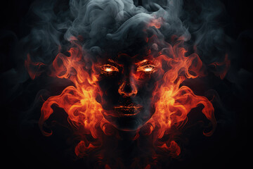 Fototapeta premium Spectral Inferno: Abstract Face in Smoke and Flames, A Ghostly Devil's Logo Element