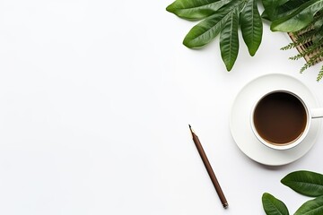 cup of coffee with leaves - obrazy, fototapety, plakaty