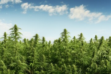 A field of cannabis on a sky background with clouds