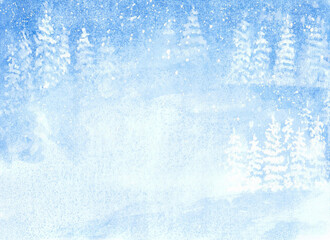 Watercolor painting of winter concept. Heavy snowfall, Natural Christmas tree background. Winter landscape with falling. copy space for the text. Hand painted texture style.