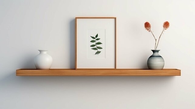 Wood floating shelf with frames and vases on white wall. Storage organization for home. Interior design of modern living room