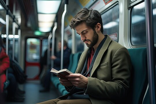 Man reading a book in the subway.