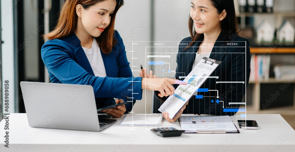 Poster business team hand project manager working and update tasks and gantt chart scheduling virtual diagr