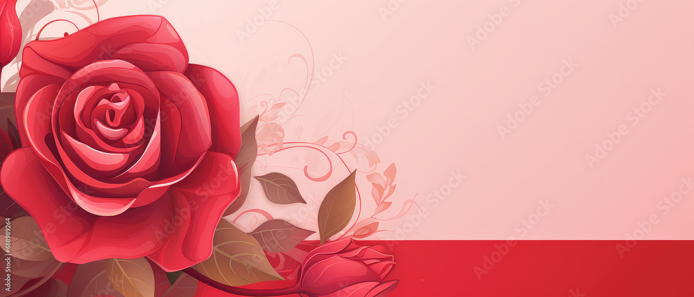 Poster stylish banner template showcasing a realistic rose on an abstract bokeh background adorned with gli