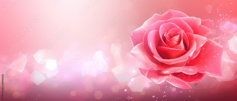 Poster stylish banner template showcasing a realistic rose on an abstract bokeh background adorned with gli
