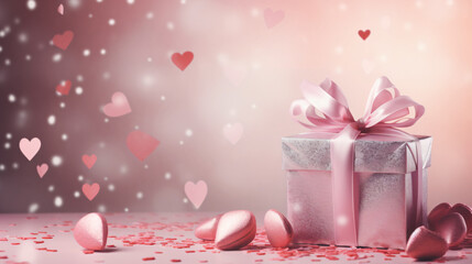 Fototapeta na wymiar Beautiful gift with pink ribbon hearts