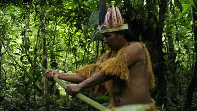 An indigenous guy wearing a feathered hat and fringed shirt peels young coconut leaves in Leticia, Colombia