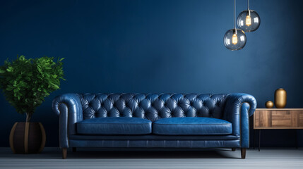 Interior background of a living room with comfortable sofa and blue wall - Powered by Adobe