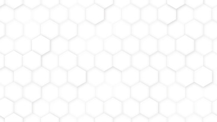 White abstract background with hexagons. Geometric backdrop. Vector illustration with honeycomb in realistic style. White wall. Horizontal banner.