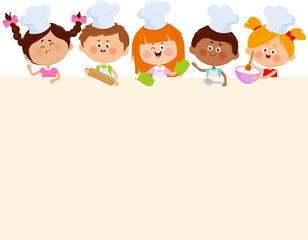 Cute little chef kids cooking meal menu, poster, banner template. Blank banner with children, boys and girls with cooking hats. Group of children chefs holding cooking utensils. Vector illustration