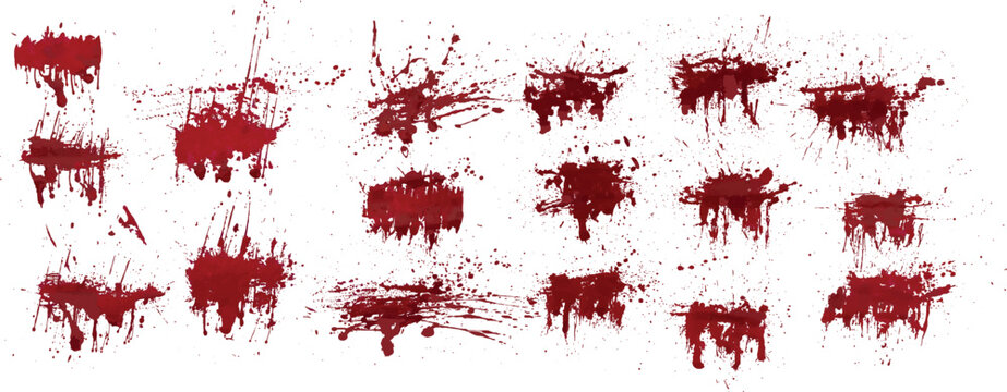 Bloody splatter red blood paint isolated background. Vampire set of blood splatter isolated background
