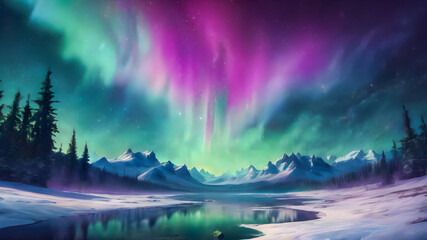 Aurora borealis, northern lights and snow-capped mountains - obrazy, fototapety, plakaty