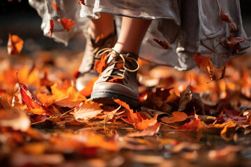 Feet walk along bright orange autumn leaves