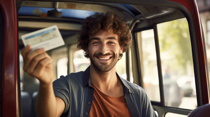 Joyful man displays his freshly acquired driver license - obrazy, fototapety, plakaty