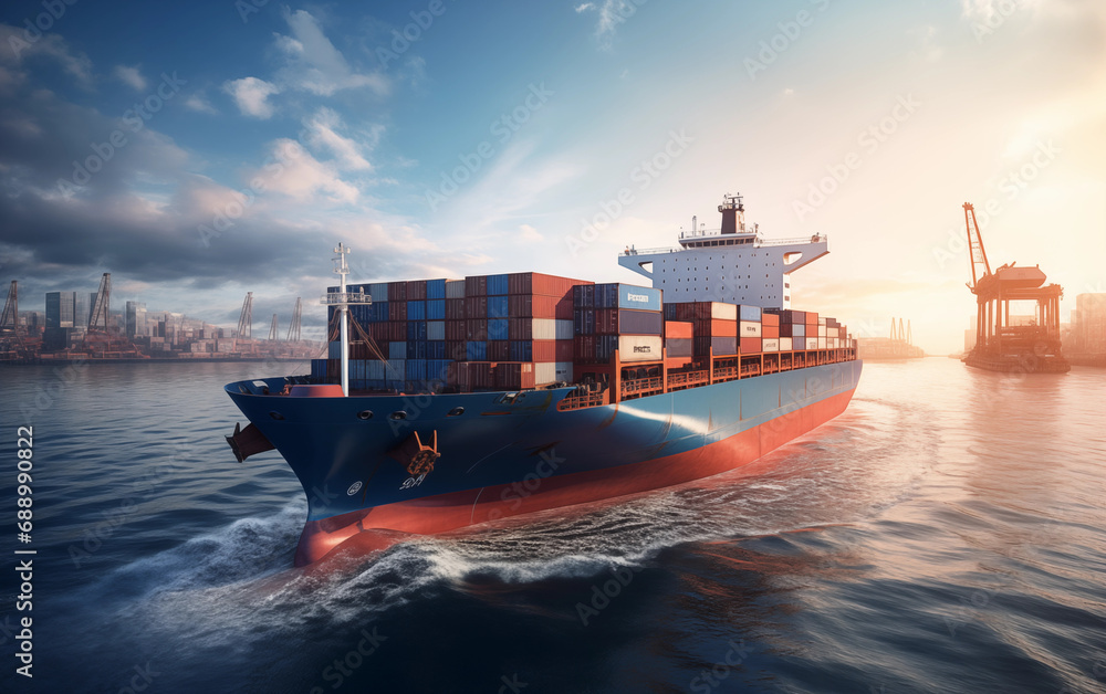 Poster A large tanker with containers leaves the port into the ocean. Container ship getting to port. Cargo, transportation, supply, logistics and economy idea. AI generative.