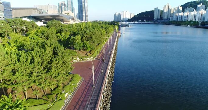 센텀시티 마린시티 수영천 APEC 강변공원 자전거 조깅 드론항공촬영 영상