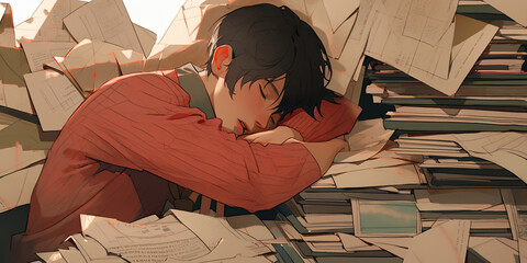 man is sleeping when doing homework.  - obrazy, fototapety, plakaty