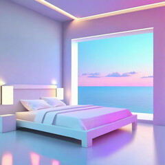 窓越しに海が見える夢のような未来的ベッドルーム