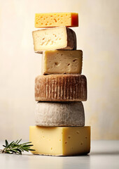 different types of cheese against a light wall