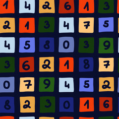 Seamless colorful numbers pattern. Abstract background with hand drawn doodle shapes.