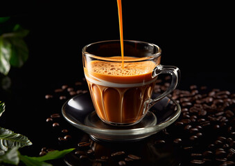 Pouring hot espresso coffee to glass cup on black background.Macro.AI Generative.