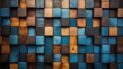 Abstract three dimensional brown and blue wooden cubes facing texture background. - obrazy, fototapety, plakaty