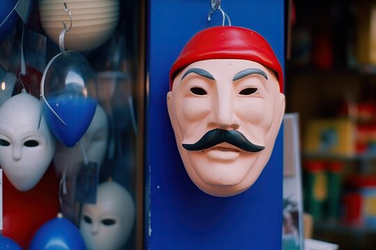A mask hanging in the window of a store. An artisan selling a theatrical mask. Masks hanging from a blue window display. A mask of a person with moustache wearing a red hat. Costume. Mystery