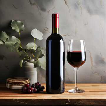 bottle of red wine and glass of wine on the table, mockup