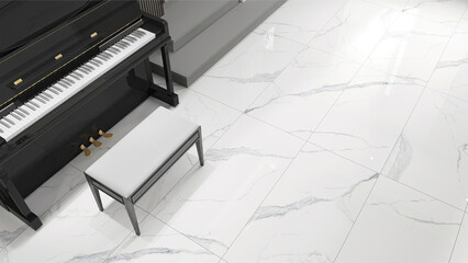 Stylish room interior design with mock up poster frame, black musical instrument with white chair, and creative home accessories. Home staging, white marble flooring. Copy space. 3D Rendering