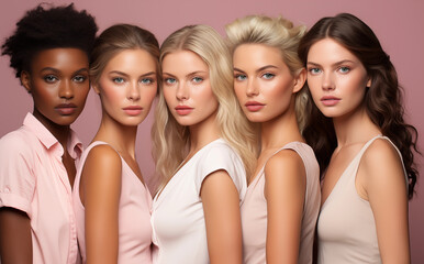 Diverse women with different skin tones stand together, showcasing beauty and unity, isolated on pink background for skin care background.