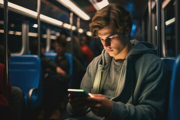 man, reading something in his smart phone, sitting in a crowded bus - obrazy, fototapety, plakaty