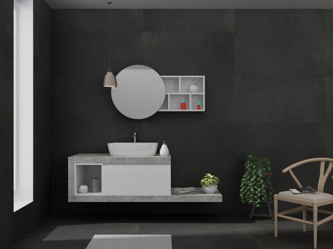 Modern interior design of dark bathroom with city view from stylish windows, black floor and sink base white cabinet, wooden chair and green tree in floor vase, grey marble wall. Mockup. 3D Rendering