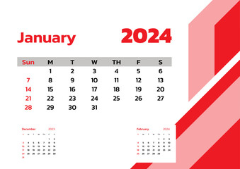 January 2024 Calendar. Week start on Sunday. Desk calendar 2024 design, simple and clean design, Wall calendar for print, digital calendar, Corporate design planner template vector.