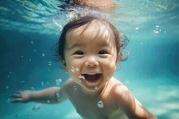 Fototapeta na wymiar A baby underwater in a pool