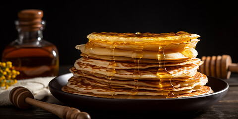 a stack of pancakes with honey, a symbol of Maslenitsa. homemade food, healthy breakfast - obrazy, fototapety, plakaty