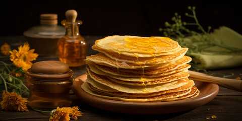 a stack of pancakes with honey, a symbol of Maslenitsa. homemade food, healthy breakfast