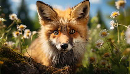 Fototapeta premium Portrait Red fox looking in the camera Vulpes vulpes lies in summer landscape flowered meadow. Orange fur coat animal hunting in spring rain. Fox in nature ferrets about prey. Wildlife scene. 