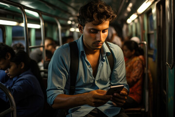 Indian man, reading something in his smart phone, sitting in a crowded bus