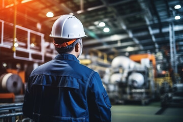 Rear view of Caucasian male engineer wearing safety vest and hardhat standing in warehouse. This is a freight transportation and distribution warehouse. Industrial and industrial workers concept