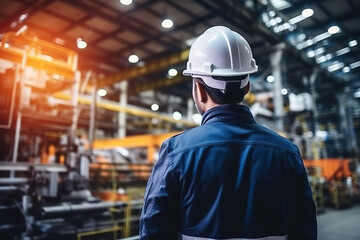 Rear view of Caucasian male engineer wearing safety vest and hardhat standing in warehouse. This is a freight transportation and distribution warehouse. Industrial and industrial workers concept
