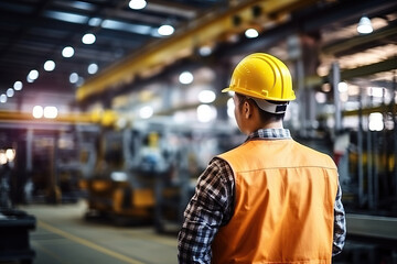 Rear view of Caucasian male engineer wearing safety vest and hardhat standing in warehouse. This is a freight transportation and distribution warehouse. Industrial and industrial workers concept