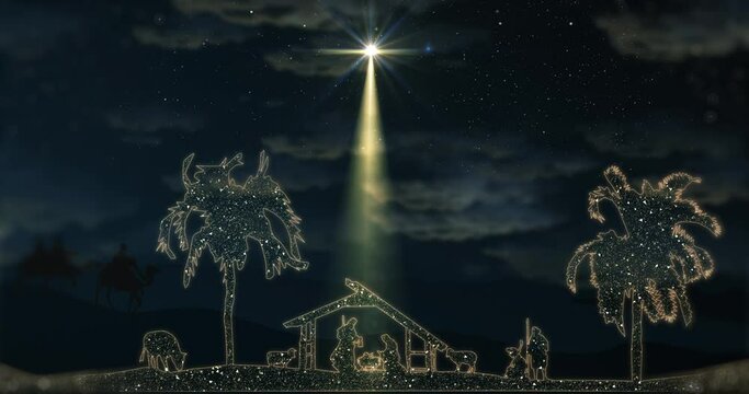 Bright Christmas scene animation with twinkling stars and nativity characters, manger, animals and trees. Seamless Loop of Nativity Christmas story under starry sky and moving wispy clouds. 4k