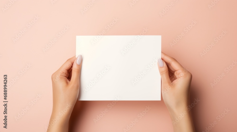 Wall mural Blank white square greeting card opened by female hand with manicured nails. Mockup. Top view. Stylish and blurry background. For the text entry area