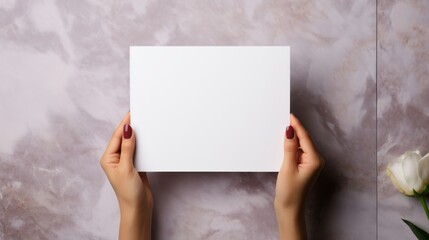 Blank white square greeting card opened by female hand with manicured nails. Mockup. Top view. Stylish and blurry background. For the text entry area