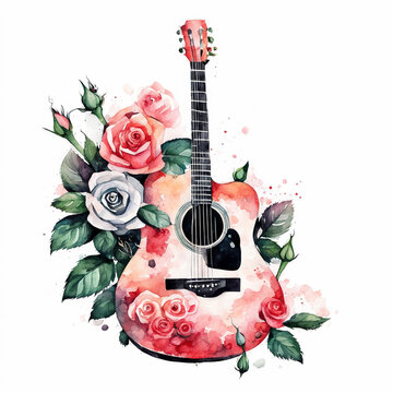 Guitar with roses. Hand drawn watercolor illustration isolated on white background