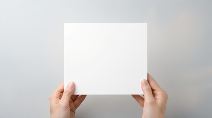 Blank white square greeting card opened by female hand with manicured nails. Mockup. Top view. Stylish and blurry background. For the text entry area