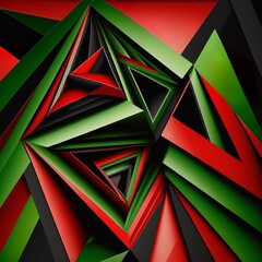 different triangular elements create a multidimensional effect, red, black, green color, when you look at it, you feel dizzy spirals sharp shape geometric texture backdrop Generative AI
