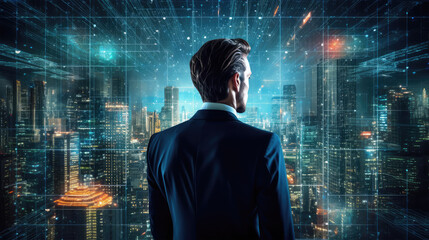 businessman on future network city background