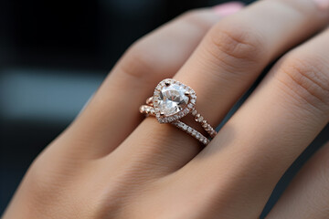 close up of womans hand with a rose gold engagement ring with a big heart shaped diamond, Valentines Day
